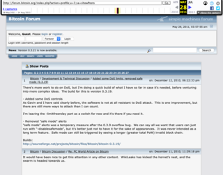 <h2>Last Posts by Satoshi</h2>
<p>Source: <a href="https://web.archive.org/web/20110528035755/http://forum.bitcoin.org/index.php?action=profile;u=3;sa=showPosts">forum.bitcoin.org</a></p>