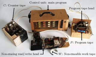 <p>Hasenjaeger’s universal electromechanical Turing machine. The wiring in the control unit encodes a universal program, that uses only four states and two symbols, for simulating Wang B machines. The program of a Wang B machine may be stored on the program tape. There are two additional tapes which are used for the simulation, a counter tape and a work tape.</p>
<p>Source:<br /><a href="https://www.semanticscholar.org/paper/Wang's-B-machines-are-efficiently-universal%2C-as-is-Neary-Woods/72cf316d3954356650c14346da595ee25cbd169c" target="_blank">www.semanticscholar.org</a></p>
