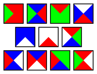 <p><a href="https://en.wikipedia.org/wiki/Wang_tile" target="_blank"><strong>Wang tiles</strong></a> (or <strong>Wang dominoes</strong>), first proposed by mathematician, logician, and philosopher <a title="Hao Wang (academic)" href="https://en.wikipedia.org/wiki/Hao_Wang_(academic)" target="_blank">Hao Wang</a> in 1961, are a class of <a title="Formal system" href="https://en.wikipedia.org/wiki/Formal_system">formal systems</a>. They are modelled visually by square tiles with a color on each side. A set of such tiles is selected, and copies of the tiles are arranged side by side with matching colors, <em>without</em> rotating or reflecting them.</p>
<p>Source: <a href="https://en.wikipedia.org/wiki/Wang_tile">wikipedia.org</a> </p>