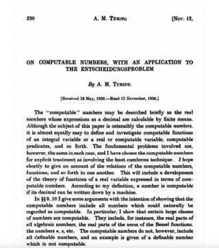<p>TURING LAYS THE FOUNDATIONS FOR MODERN COMPUTER SCIENCE</p>
<p>In 1936, Turing completes and publishes his famous paper, <a href="https://www.cs.virginia.edu/~robins/Turing_Paper_1936.pdf" target="_blank">On computable numbers, with an application to the Entscheidungsproblem</a> laying the foundations for modern computer science. "It was stated above that ‘a function is effectively calculable if its values can be found by some purely mechanical process’. We may take this statement literally, understanding by a purely mechanical process one which could be carried out by a machine. It is possible to give a mathematical description, in a certain normal form, of the structures of these machines."</p>